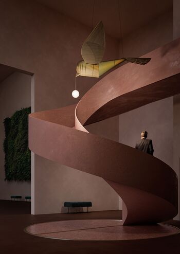 Beschreibung: Moderne Wendeltreppe mit der Big-Bird Pendelleuchte der Marke LZF. Eine große Vielfalt der Marke LZF erwartet Sie im WML-Showroom in Taufkirchen.