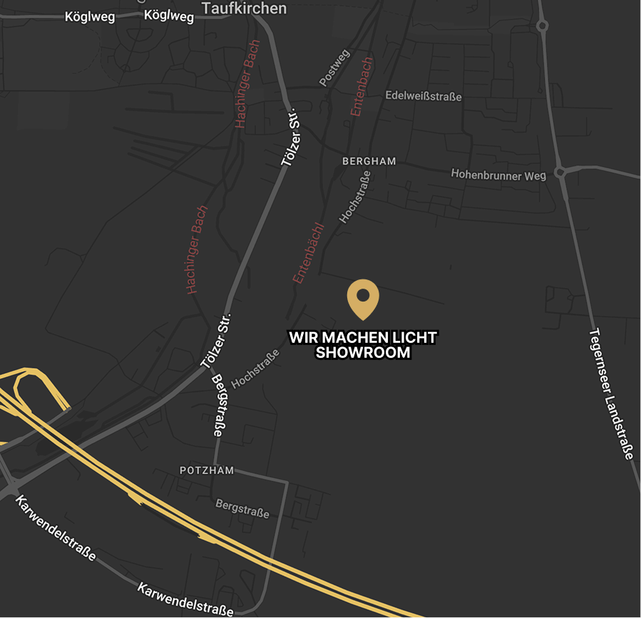 Standort Unser Showroom befindet sich in Taufkirchen, 8 Kilometer südlich vom Ortsrand München. 