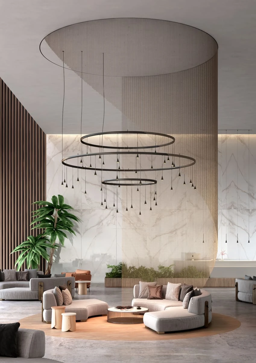 Bover Pendelleuchte Skybell Circle mit ringförmig hängenden Glockenschirmen in einer Lobby