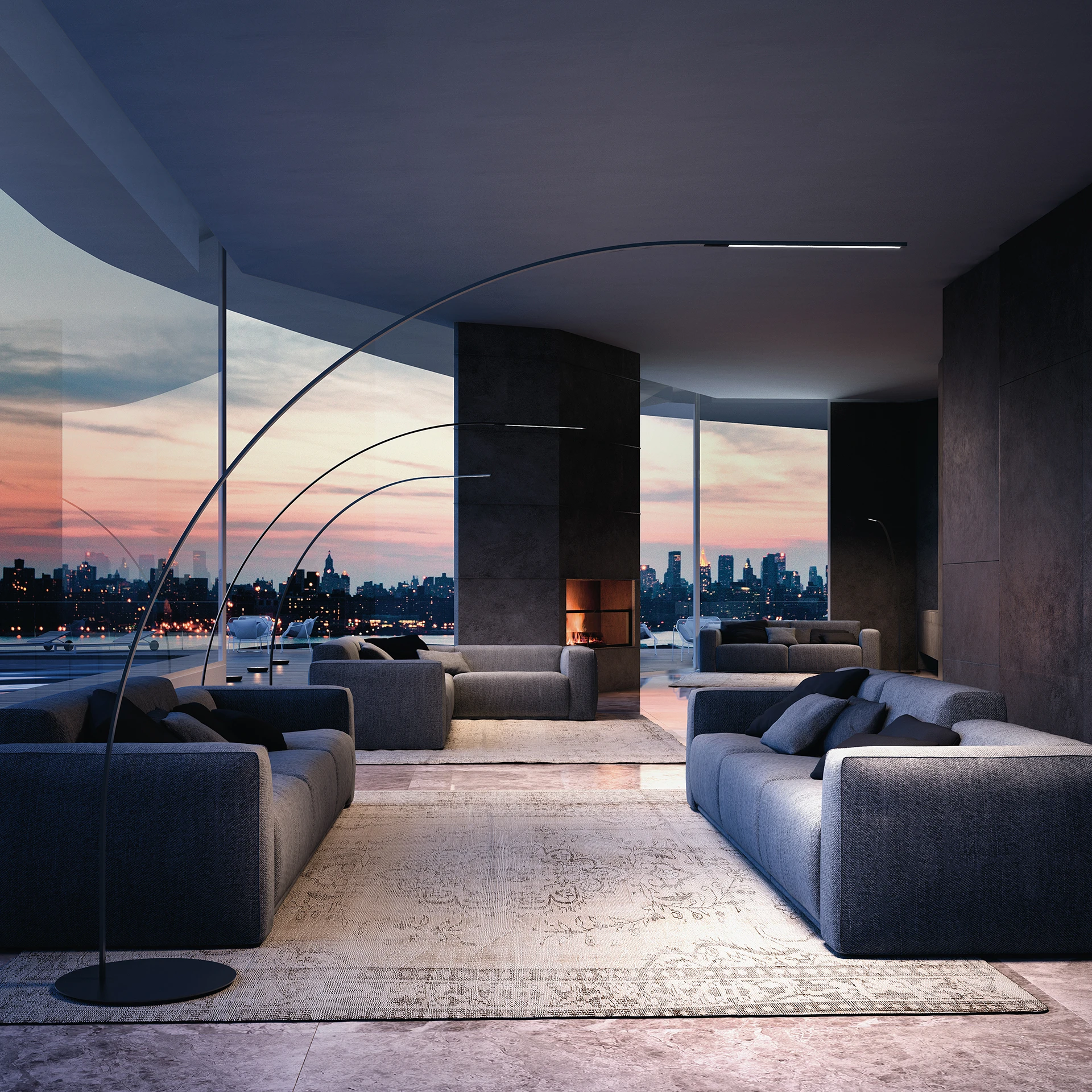 Drei FontanaArte Bogenleuchten Yumi in einem Wohnzimmer mit Skyline-Blick